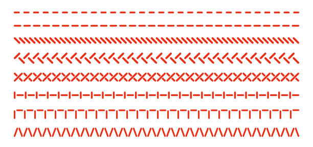 Sewing stitches line set isolated on white. Different types of thread seam pattern, classic straight, cross, overlock, fringe, zigzag. Vector clipart for seamless brush, embroidery or sewing texture.