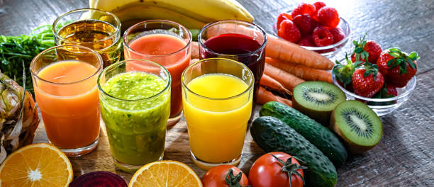 istock Glasses with fresh organic vegetable and fruit juices 2163898969