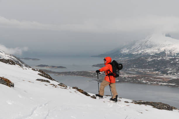 istock Side view of a skier in a bright jacket standing on skis 2163901766