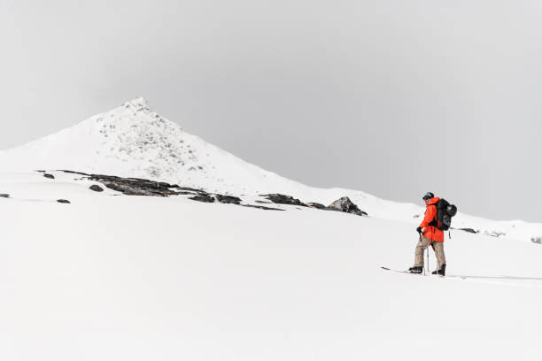 istock Side view of a skier looking in different directions after reaching a rocky sharp mountain peak 2163902433