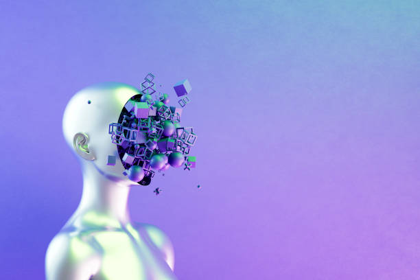 AI cyborg head, artificial intelligence technology, flying geometric shapes from sliced head. Digitally generated image. 3d render.