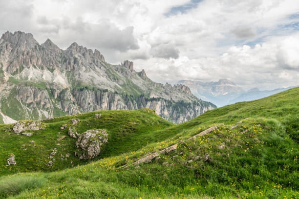 Italian Dolomites during a cloudy summer day. Fresh alpine meadow in foreground, impressive Dolomites mountains in background. Wonderful hiking spot, amazing hiking area in Italy. Outdoor activities.