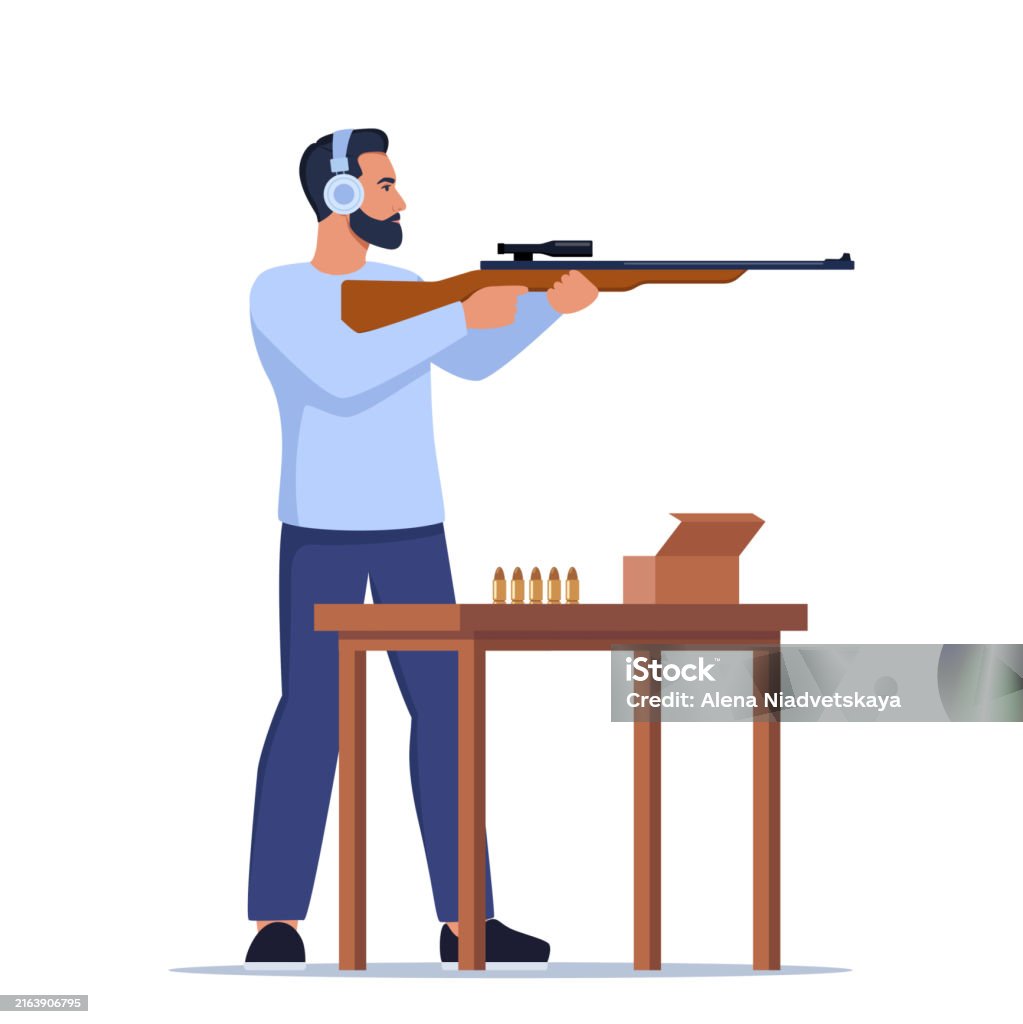 Practice Shooting Vector Focused Man Practicing Shooting Skills At Indoor Range Male Character ...