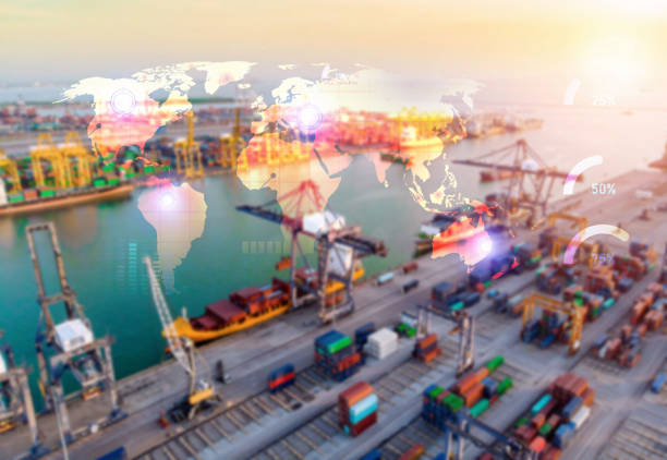 Global map overlay on a busy shipping port, highlighting international trade and logistics efficiency metrics.