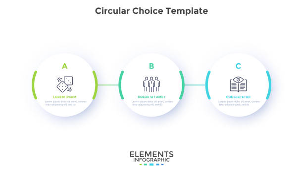 Process chart with three connected paper white circles placed in horizontal row. Concept of 3 stages of startup development. Modern infographic design template. Flat vector illustration for report. Process chart with three connected paper white circles placed in horizontal row. Concept of 3 stages of startup development. Modern infographic design template. Flat vector illustration for report. three objects stock illustrations
