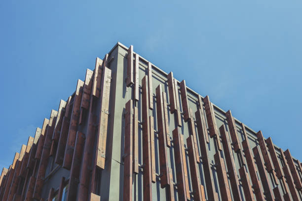 istock Modern urban architecture, facade cladding with wooden boards 2163921440
