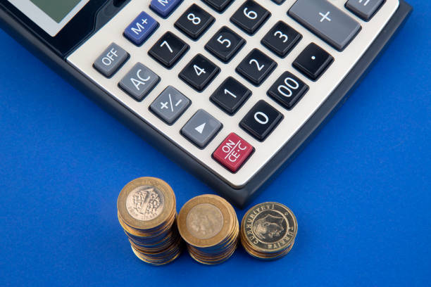 many coins and Calculator on a white background for financal contents