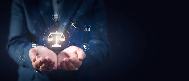 istock Lawyer with law related icons, copy space 2163926416