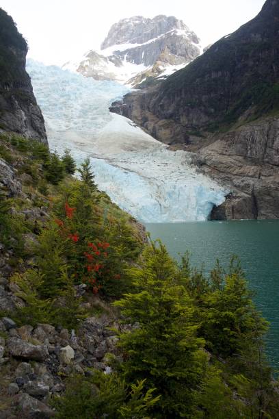 Glacier cascades down to glacial lagoon, Serrano Glacier, Puerto Natales, Patagonia