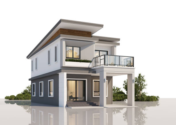 istock Architecture 3d rendering illustration of modern minimal house on white background 2163934589