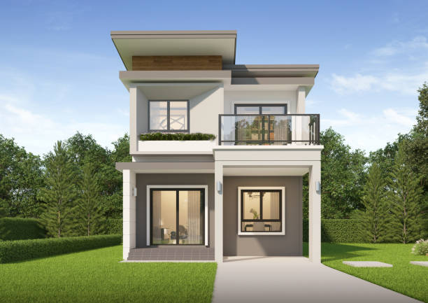 istock Modern house exterior day light with lawn grass.3d rendering 2163934590