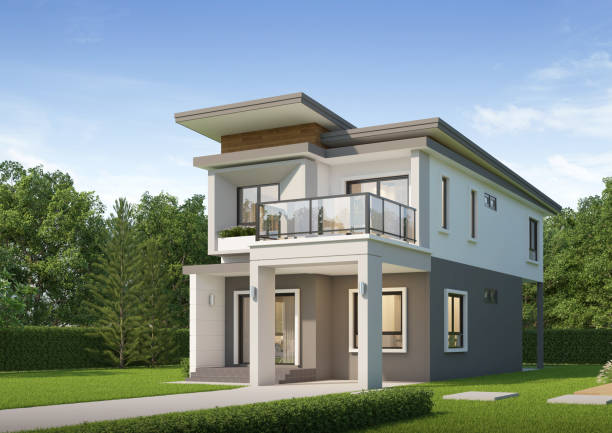 istock Modern house exterior day light with lawn grass.3d rendering 2163934714