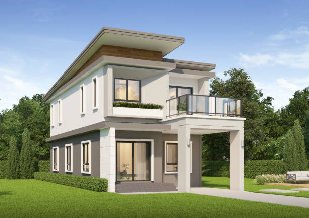 istock Modern house exterior day light with lawn grass.3d rendering 2163934717