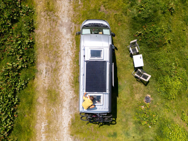 Aerial View of Solar-Powered Camper Van and Camping Setup