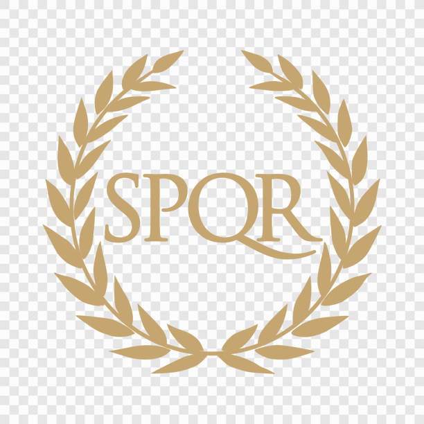 illustrazioni stock, clip art, cartoni animati e icone di tendenza di corona d'alloro d'oro con motto spqr, simbolo dell'impero romano su sfondo trasparente - antica-roma