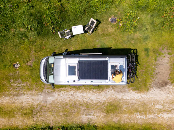 istock Drone View of Camper Van with Solar Panels and Camp Setup 2163942557