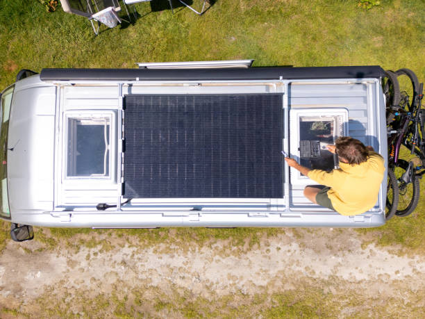 istock Aerial View of Solar-Powered Camper Van and Camping Setup 2163943186