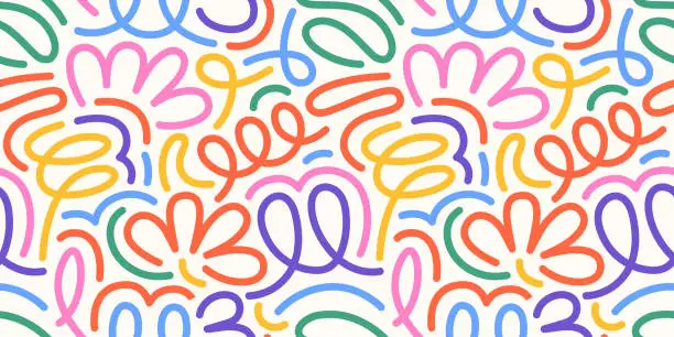 Ein farbenfrohes, nahtloses Muster mit Linienkritzeleien und flippigem Konfetti. Dieser kreative, minimalistische Hintergrund ist ideal für Kinder und zeichnet sich durch Grundformen in einem einfachen, verspielten Kritzelstil aus. Ein farbenfrohes, nahtloses Muster mit Linienkritzeleien und flippigem Konfetti. Dieser kreative, minimalistische Hintergrund ist ideal für Kinder und zeichnet sich durch Grundformen in einem einfachen, verspielten Kritzelstil aus.