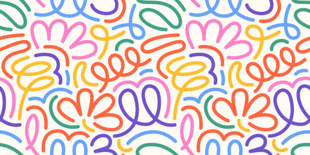 kuvapankkikuvitukset aiheesta värikäs saumaton kuvio, jossa on viivapiirroksia ja funky-konfetteja. tämä luova, minimalistinen tausta on ihanteellinen lapsille, ja siinä on perusmuodot yksinkertaisessa, leikkisässä kirjoitustyylissä. - värikäs