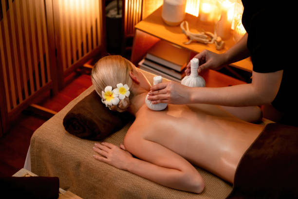 istock Hot herbal ball spa massage body treatment. Quiescent 2163945700