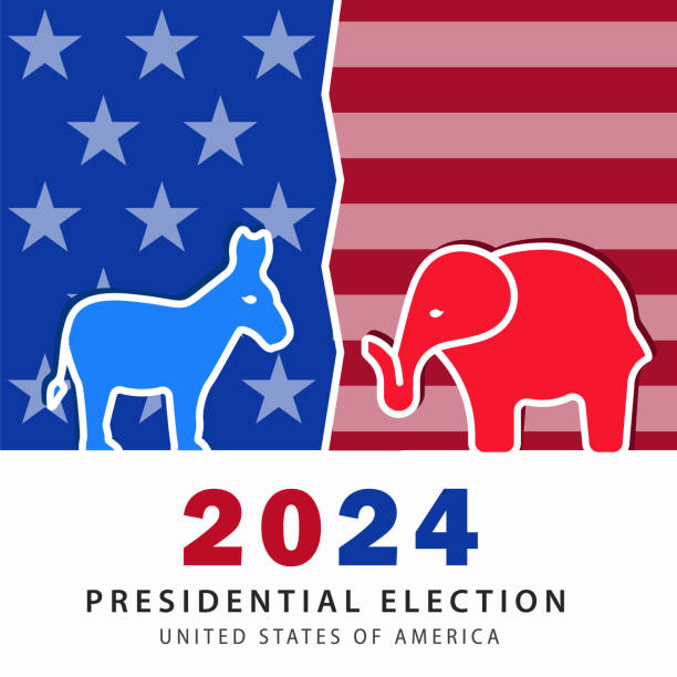 Square poster with a red elephant and a blue donkey, representing the Republican and Democratic parties for the 2024 United States Presidential Election 2024 USA Presidential Election poster with the Republican and Democratic party symbols: a red elephant and a blue donkey, on an American flag background. republican elephant logo stock illustrations