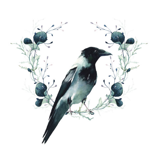 istock Watercolor floral symmetric wreath frame and crow. Blue, turquoise wild swamp branches, leaves. 2163964258