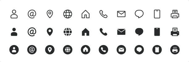 Business Card icon set. Editable stroke weight. Pixel perfect. Line- and solid-style icons. Business Card line- and solid-style icon set #07
Specification: 30 icons, 48×48 pх, EDITABLE stroke weight! Current stroke: 3 px. Contain line- and solid-style icons.
Features: Pixel Perfect, Unicolor, Editable weight thin line.
Rows of icons contains:
Avatar, E-Mail ('at' Symbol), Map Pin icon (Location), Web, Home (Homepage), Telephone, Mail (Envelope), Speech Bubble, Mobile Phone, Printer.
Check out the complete Combico collection — https://www.istockphoto.com/collaboration/boards/IEJwcOQjbkiD4IwTqZehSA rapport stock illustrations