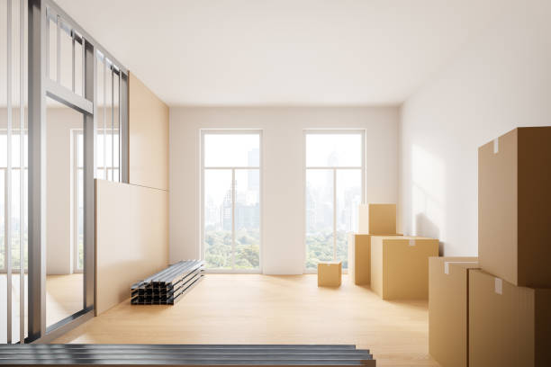 istock Modern office interior and cardboard boxes, renovation of business loft 2163970210