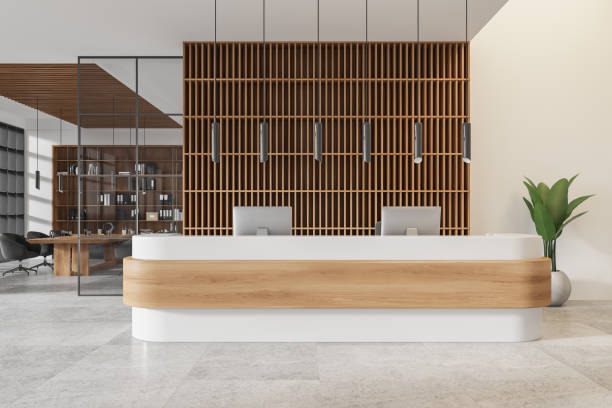 istock Modern office reception with wooden details, minimalistic design, bright background, office interior concept.  3D Rendering 2163970239