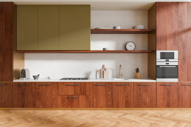 istock Minimalist wooden home kitchen interior with cooking cabinet with kitchenware 2163970805