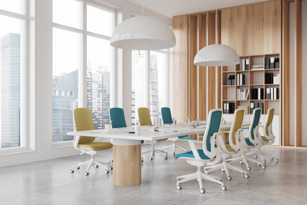 istock Modern business room interior with meeting table and chairs, panoramic window 2163971014