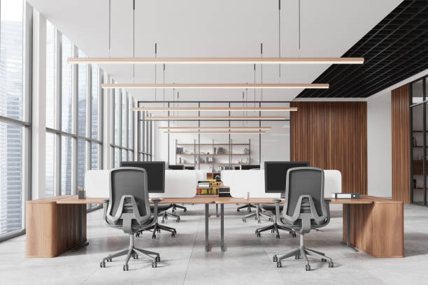 istock Office interior with coworking and glass conference room, panoramic window 2163971938