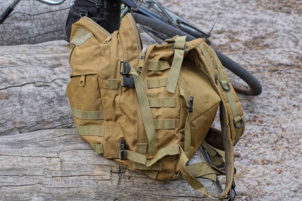 istock one brown army backpack stands on a gray wooden log 2163972333