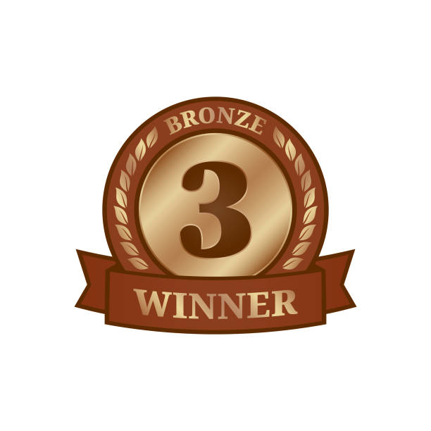illustrazioni stock, clip art, cartoni animati e icone di tendenza di bronze winner third place medal badge - vector award emblem with laurel branches, number 3, ribbon and bronze winner inscription - terzo-posto
