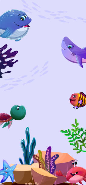istock Banner with a lively ocean floor, featuring a happy blue whale, a friendly purple shark, a green sea turtle, a multicolored fish, a smiling blue starfish, and a cheerful red crab surrounded by coral 2163978146