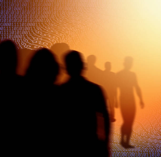 Silhouetted crowd of people and binary code