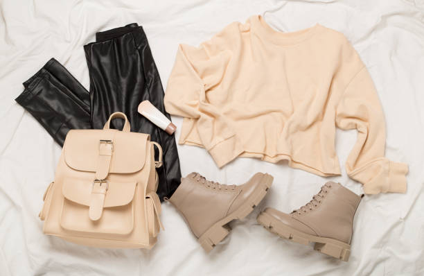 istock Flat lay with trendy spring outfit on white background, top view 2163980123