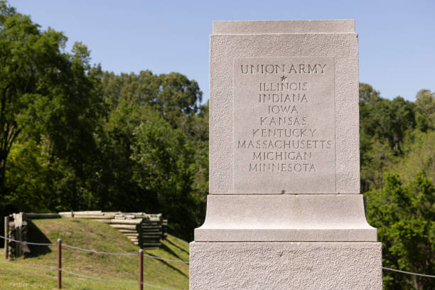 Vicksburg, Mississippi, USA - April 23, 2024: Afternoon sun shines on a monument to the Union army at the Vicksburg National Military Park.