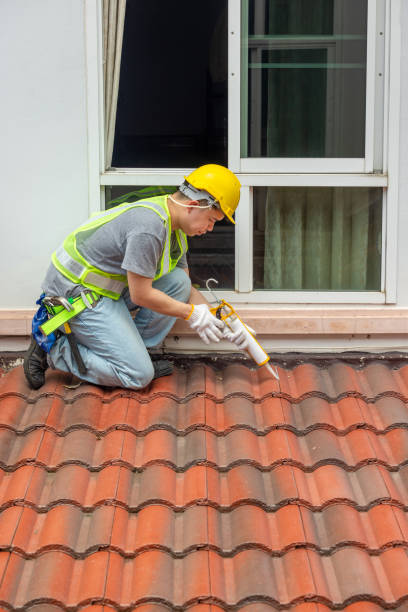 istock Construction worker using silicone sealant adhesive to fix crack of the old tile roof. 2163994463