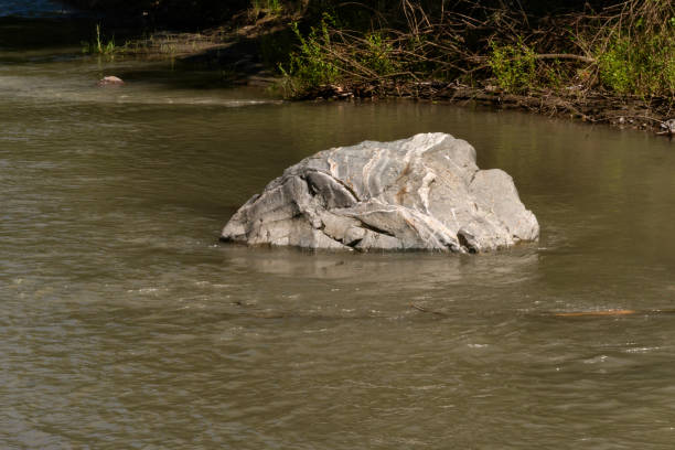Sunny rock in river.