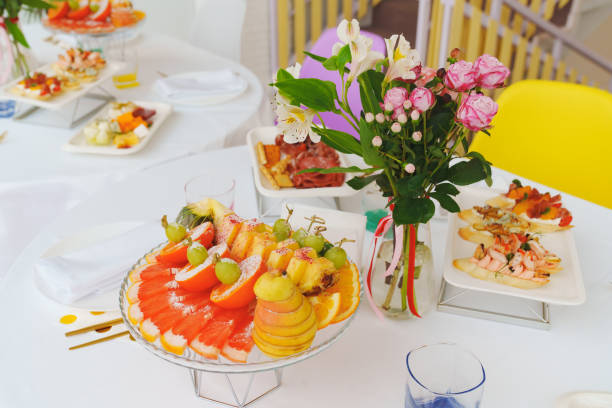 Festive table with fruits and snacks. Catering.