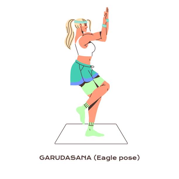 Young woman training balance in eagle pose. Athlete practices yoga posture, sport exercise during workout. Tutorial of garudasana side view. Flat isolated vector illustration on white background Young woman training balance in eagle pose. Athlete practices yoga posture, sport exercise during workout. Tutorial of garudasana side view. Flat isolated vector illustration on white background. garudasana illustrations stock illustrations