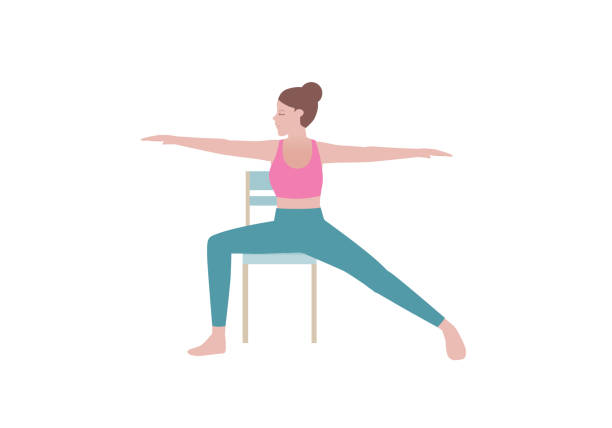 Yoga Exercises that can be done at home using a sturdy chair. Yoga Exercises that can be done at home using a sturdy chair.Sit tall at the edge of your seat. Bend your right knee to the side and stretch your left leg out behind. with Warrior posture. chair stock illustrations