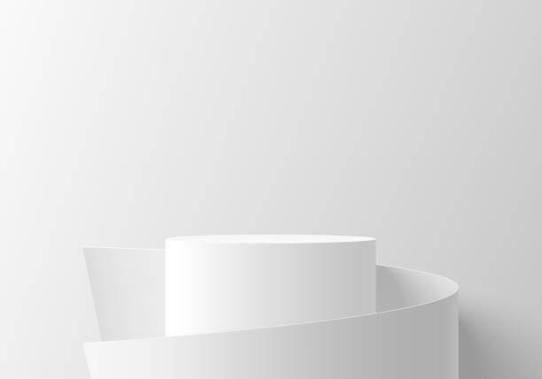 istock 3D cylindrical white podium background with roll wrap paper wall scene. Minimalist 3D mockup pedestal, Abstract cosmetic product display presentation, Stage showcase. Platforms vector geometric design 2164015981