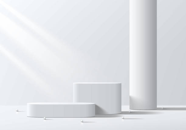 istock Realistic white 3D round podium background with pillar and beads ball scene. Minimalist 3D mockup pedestal, Abstract product display presentation, Stage showcase. Platforms vector geometric design. 2164016260