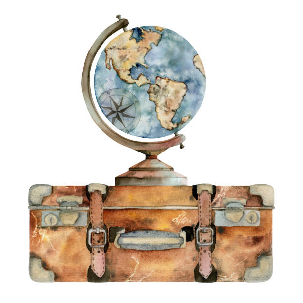 istock Illustration with set of retro vintage old suitcases with stickers luggage baggage, globe world map. Watercolor hand drawn art. Design tourism, travel, brochure, wedding, guide, print, card tattoo. 2164016509