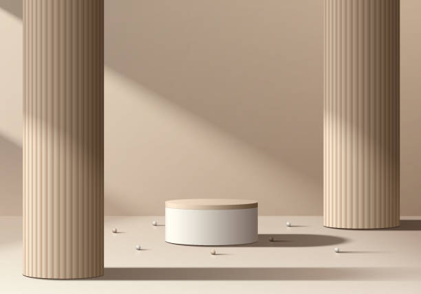 istock Realistic beige 3D cylindrical podium background with pillar, Window light scene. Minimalist mockup pedestal, Abstract product display presentation, Stage showcase. Platforms vector geometric design. 2164016540
