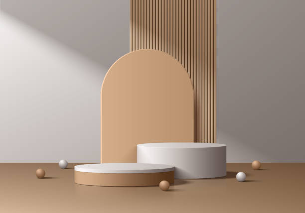 istock 3D brown wood, gray cylindrical podium background with ball, Arch backdrop scene. Minimalist mockup pedestal, Abstract product display presentation, Stage showcase. Platforms vector geometric design. 2164017458