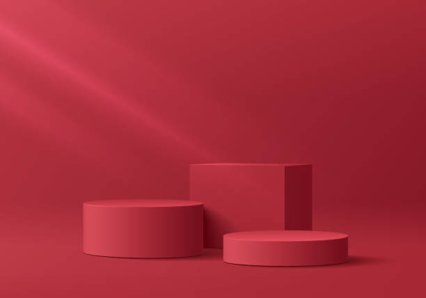 istock 3D red cylindrical podium pedestal background with cube pedestal, Clean empty wall scene. Minimalist mockup or abstract product display presentation, Stage showcase. Platforms vector geometric design. 2164018449