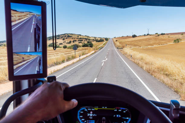 istock View from inside a truck driving along a straight road between grain fields. 2164020583